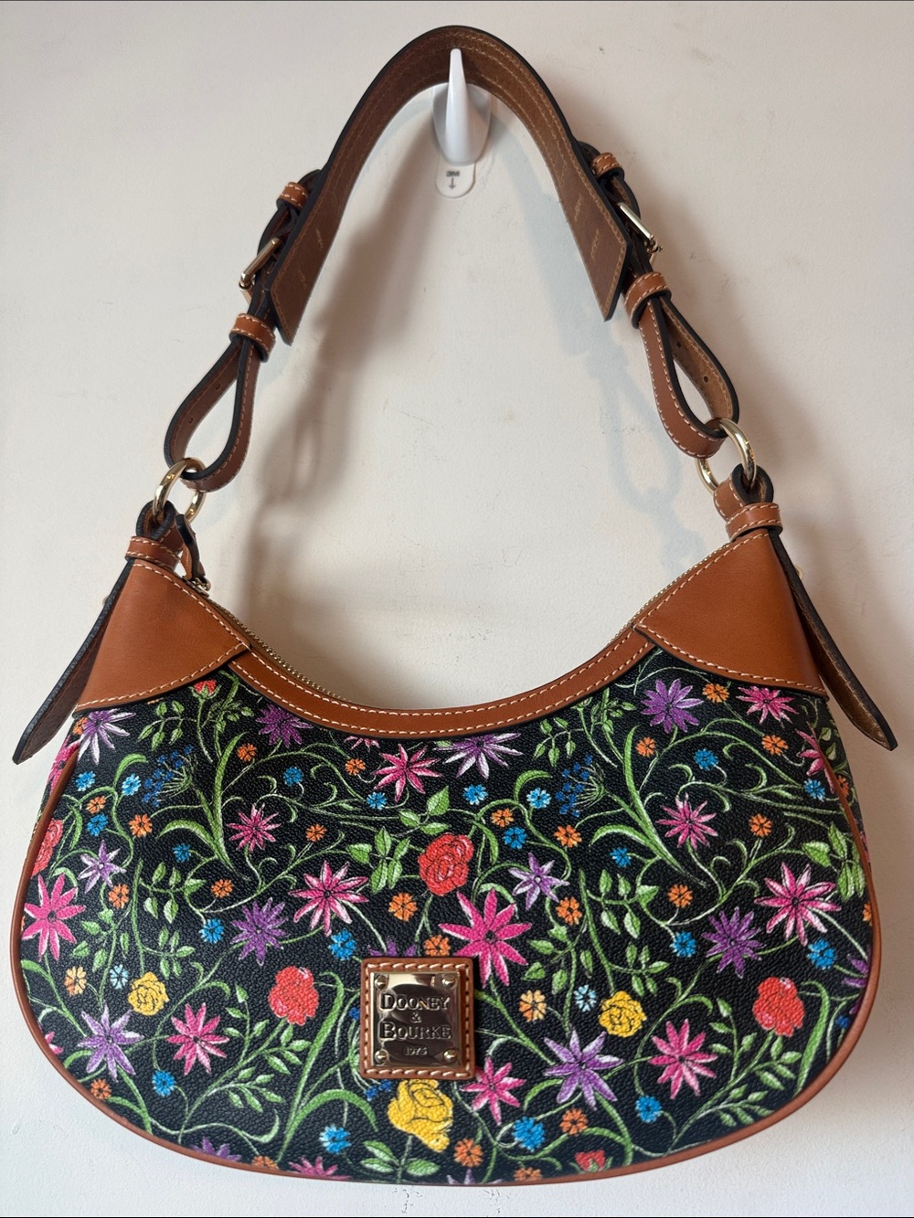 Dooney & Bourke Plumeria Floral Hobo Embroidered Shoulder Bag with Brown Trim